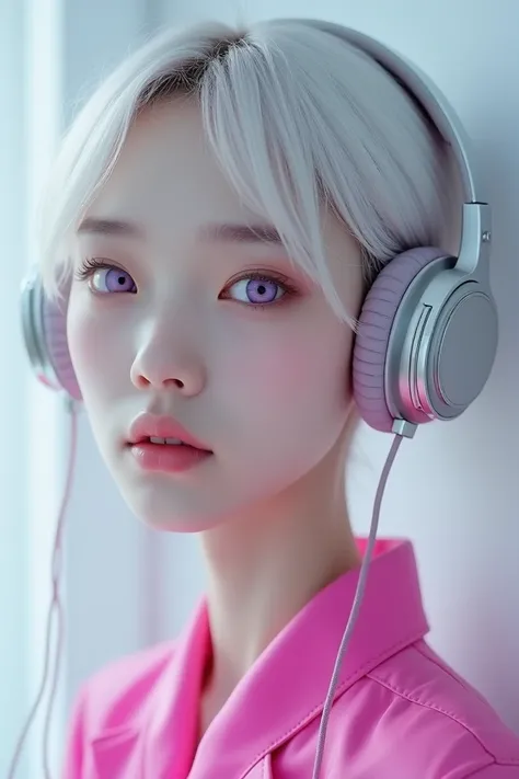  Korean woman with headphones perfect face and purple eyes with white cropeed and pink skirt 