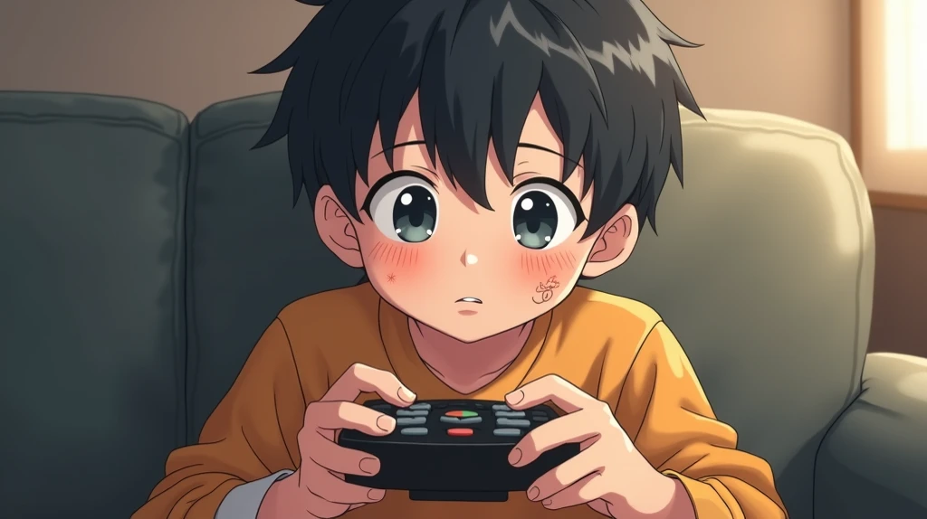 Anime, boy sitting on the couch while pressing on the remote , his  face with minor bruises, from being beaten by a buly 