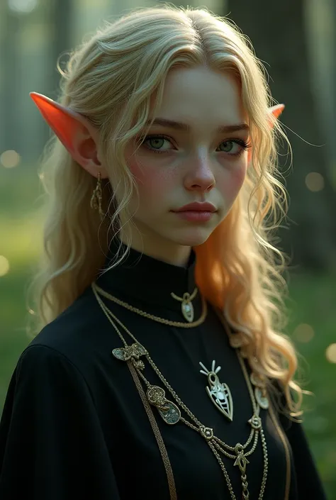 Create the image of an adult female elf, with discreet pointed ears,  tongue , Of quiet and friendly features, blonde with curly hair , green-eyed,  very white skin and a black priest dress with the firefly symbol from The Last of Us in white details