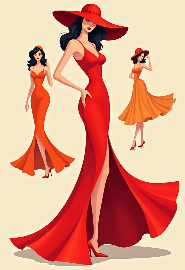 Illustration of a woman in a hat and dress，in a red dress, digital art of an elegant, Elegant woman, Elegant lady, elegant profile pose, Red dress and hat, Wearing an orange sundress, woman with hat, stylized silhouette, Elegant girl, half-turned lady in e...