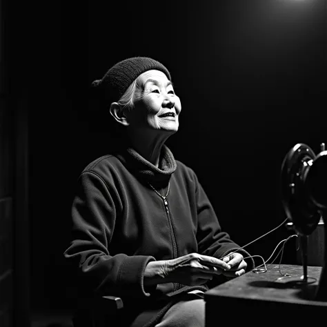 Looking up, from the bottom up A real black-and-white photo of an old Chinese woman sitting in a dim environment, sewing with needle and thread. The soft light warmly illuminates her face, highlighting her gentle expression and a hint of a smile from the h...