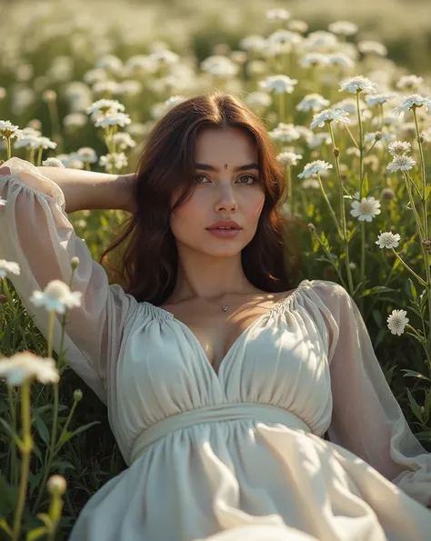 Ultra-wide angle shot of a stunning 24-year-old Ukrainian model lying sideways in a lush white flower field, wearing a block-printed Chinon fabric kurti top that falls just above her knees (30 inches). Her porcelain skin glows under the soft lighting, acce...