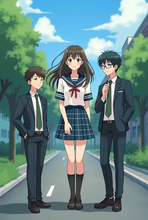 a beautiful girl, wearing school uniform and theres two boy by her side wearing also a school uniform. The other boy wearing glasses and the other boy doesn’t. Only two boys and one girl.