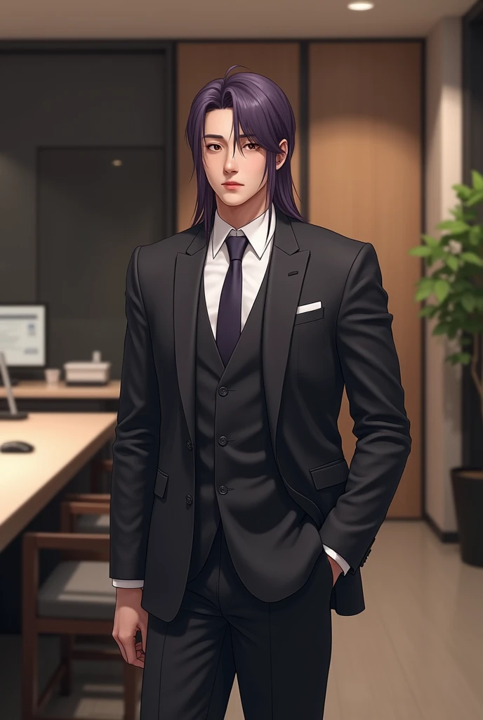 28 years old，oriental man，184cm /75 kg，Modern office with long phase soft ，White thin lips ， expression Serious long hair and shoulder-length purple eyes， Pineapple eyebrows ， Straight nose ， Stout body ，Suit， background modern private office 