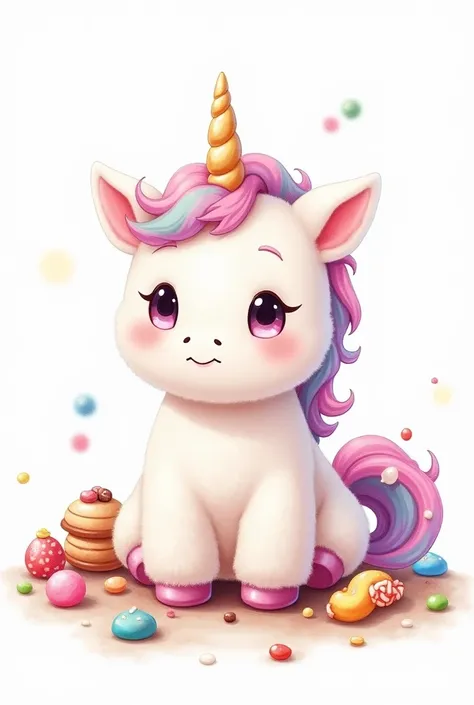 cute big Fluffy unicorn with candy, watercolor, on white background 