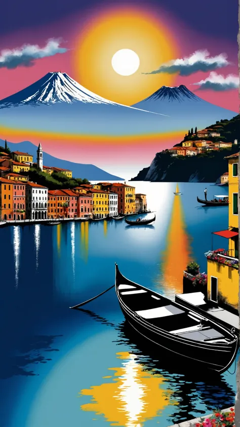 Create an ink-on-newspaper artwork in the style of Loui Jover (1.5), featuring a stunning European landscape that prominently showcases Vesuvio and the sea. Incorporate elements of Venezia and Switzerland and the iconic Audrey Hepburn, the renowned celebri...