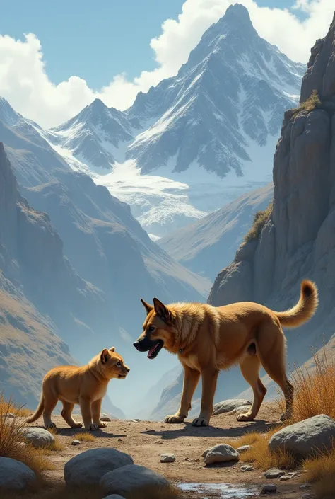 A dog wandering in the end of mountain finds a tiny lion cub, abandoned and whimpering. Make a realistic image