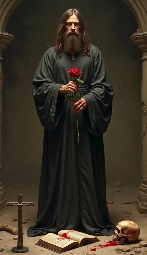 sad monk standing with long hair and beard,  in a desolate place with blood-stained hands holding a rose with thorns,  a book thrown on the floor next to a skull and a small crucifix, in baroque painting style 
