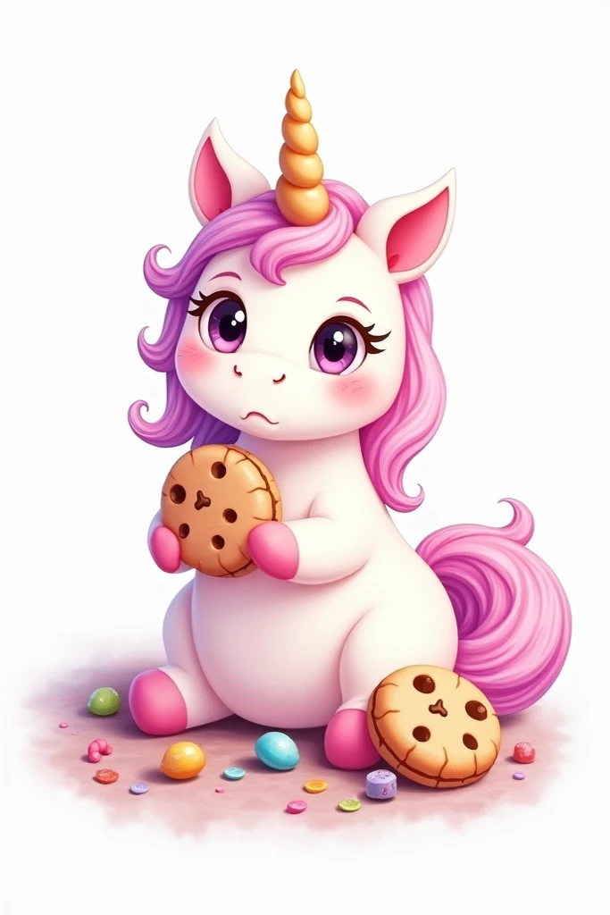 cute Fluffy unicorn, happy, with big cookie, candy, watercolor, on white background 