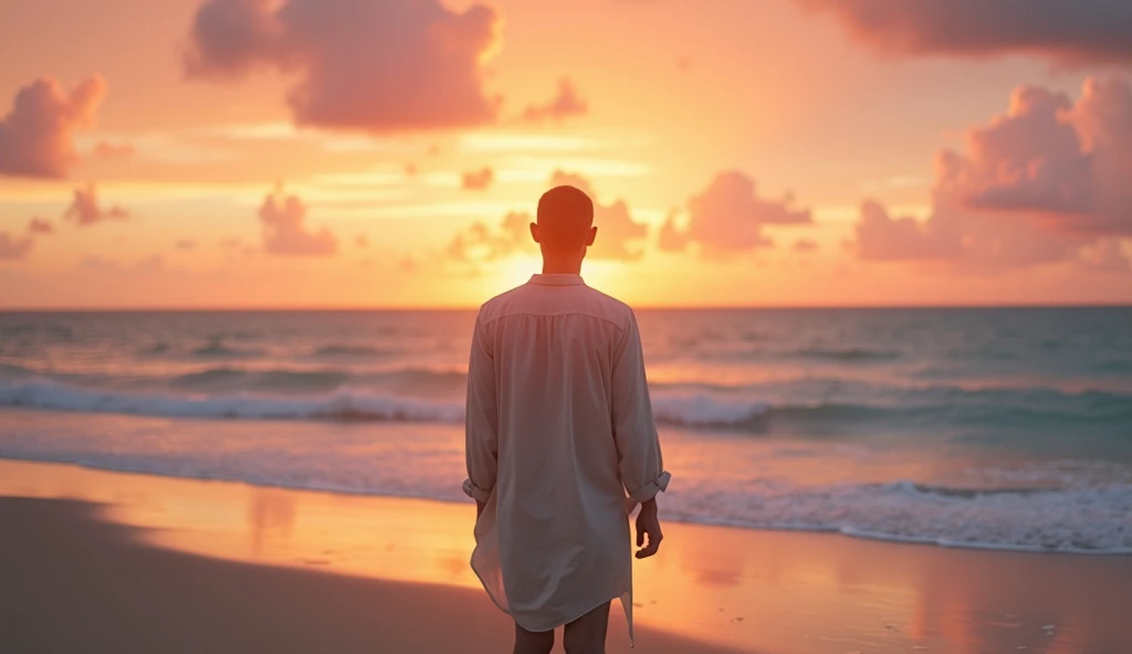 "Create a serene and reflective YouTube thumbnail for the video titled The Bible Verse That Will Bring You Comfort When You Feel Alone. The scene features a man standing on a beach at sunset, wearing simple, flowing attire that moves gently with the breeze...