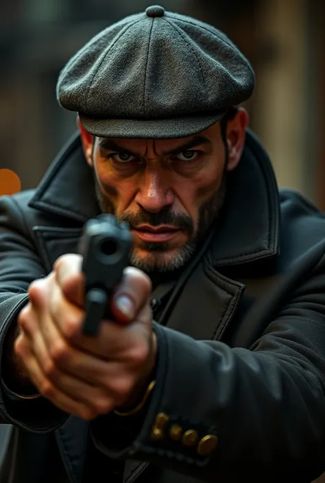 A brown skined men with a peaky blinders hat and gangster jacket , holding a Glock 19