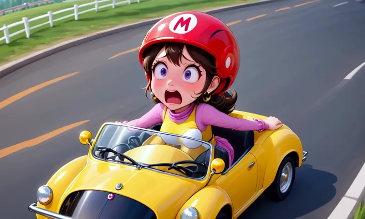 A cute woman (helmet, dressed for the office, scared, driving a Vespa moped) is scared for her life, she is driving on a rainbow bridge as Mario Kart plays out around her