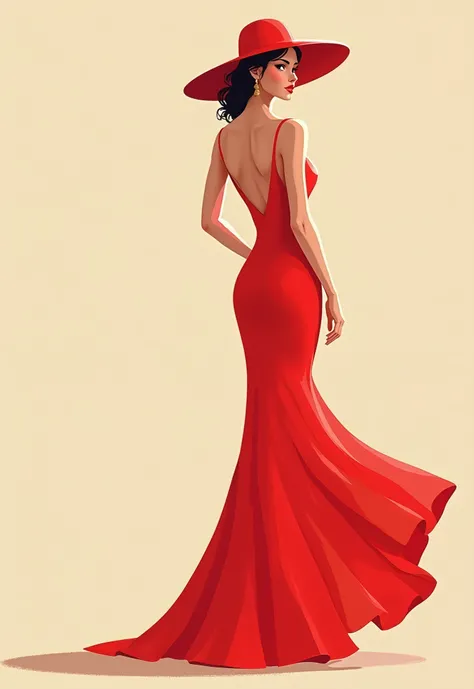 Illustration of a woman in a hat and dress，in a red dress, digital art of an elegant, Elegant woman, Elegant lady, elegant profile pose, Red dress and hat, Wearing an orange sundress, woman with hat, stylized silhouette, Elegant girl, half-turned lady in e...