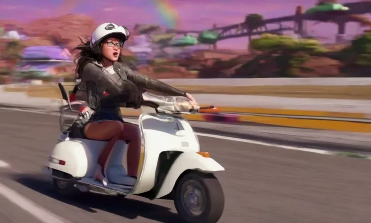 A cute woman (helmet, dressed for the office, scared, driving a Vespa moped) is scared for her life, she is driving on a rainbow bridge as Mario Kart plays out around her
