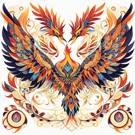 A phoenix created with geometric shapes and patterns, emphasizing symmetry and precision, tattoo-style on a white background