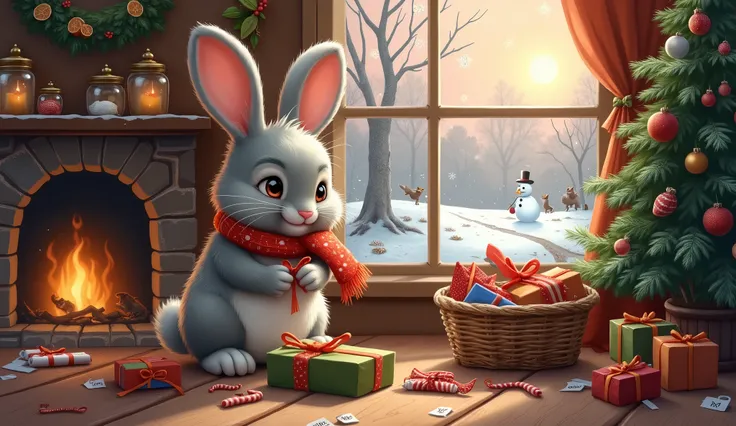 **Type of animal:**  
A fluffy, inquisitive rabbit named Willow, with soft gray fur, long ears that droop slightly, and bright amber eyes. She wears a red scarf knitted with small white carrot patterns.  

**Activity:**  
Willow is carefully wrapping Chris...