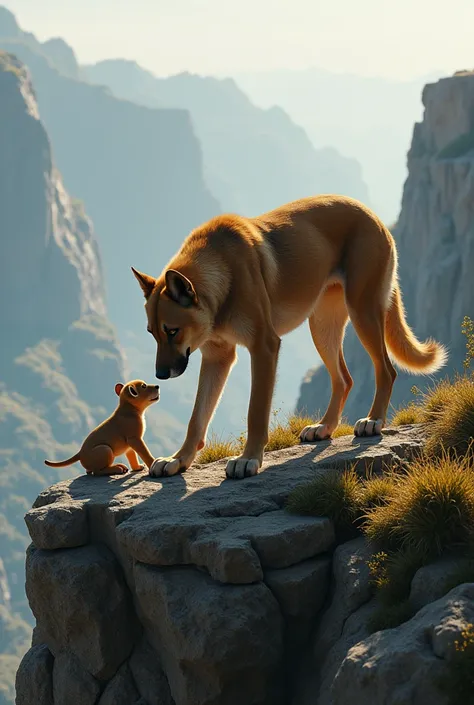 A dog wandering in the end of mountain finds a tiny lion cub just about to fall, he saved him. Make a realistic image