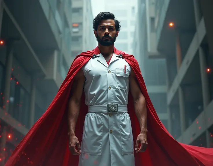 a Indian doctor in a white medical apron and a red cape,superhero,standing pose,detailed facial features,penetrating gaze,muscular physique,volumetric lighting,cinematic lighting,dramatic shadows,vibrant colors,hyper-realistic,cinematic composition,digital...