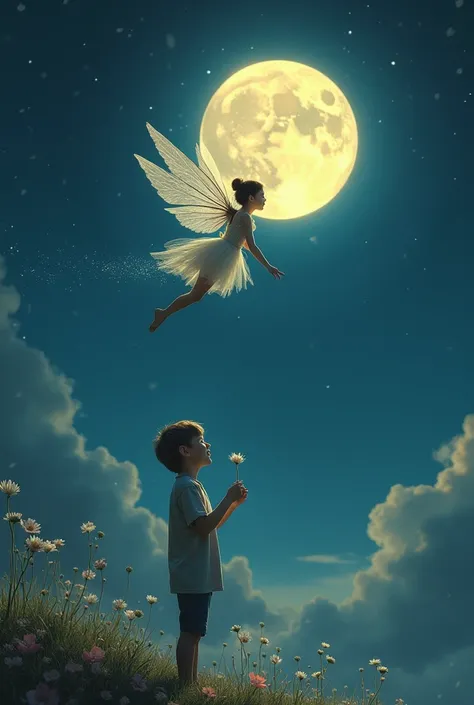 a fairy fly on the sky at night , moon glowing , a boy saw from below , flower in his hand 