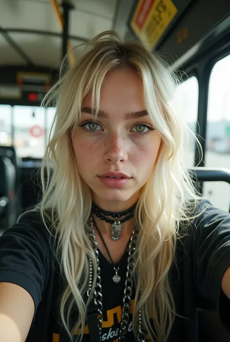 very attractive GOTH SKATER blonde girl with taking a selfie on a bus, more attractive. shes wearing a t shirt and shes younger. around 18 years old. She has freckles and rosy cheeks and Green eyes. Slimmer face. Make the hair brighter blonde with black ro...