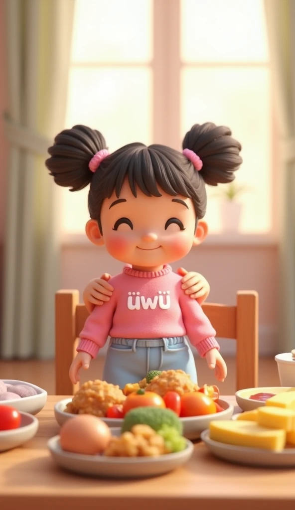 in 3 D animation image of a cute and adorable with her hair into two buns on top and bangs, wearing a pink sweater with "uwu" printed on the front, blue shorts. The style is 3D animation with a pastel color palette, creating a soft and cheerful atmosphere....