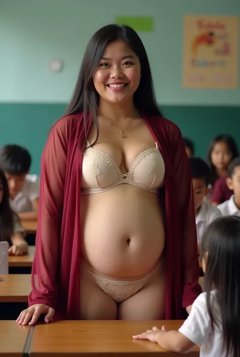 Kindergarten school teacher, 50 year old hijab woman, from Indonesia, wearing cream colored ((thong)) panties ((transparent)), and cream colored bra ((a long transparent maroon red robe, very thin covering his whole body)) . fat body size, big breasts almo...