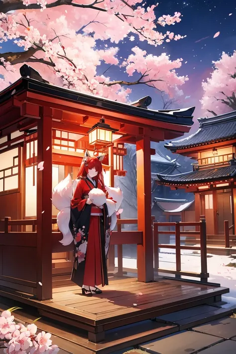 Man, Animorphic fox, Red hair, red fox tail, in a black kimono, Japan, cherry blossom trees, shrine, night