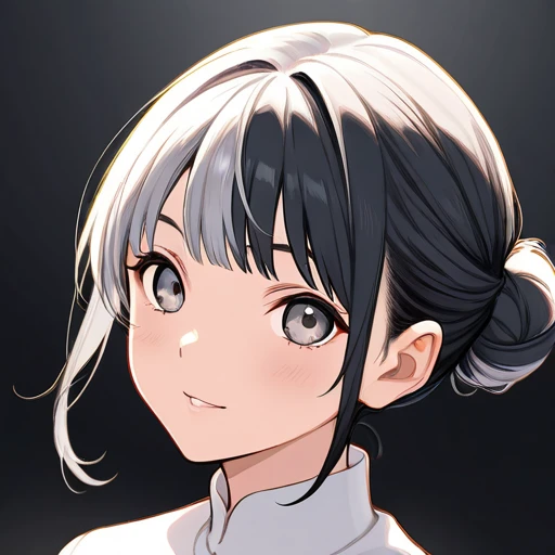  1 girl ,  high definition , bangs,  black hair,  Ukisei,  had, Gray Hair, bangs,  bun hair, 