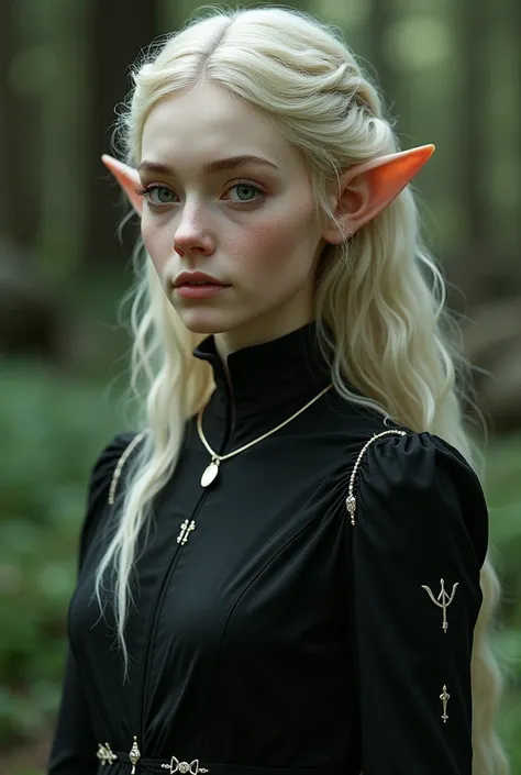 Create the image of an adult female elf,  with small pointy ears, The most beautiful woman of all , Of quiet and friendly features, blonde with curly hair , green-eyed, very white skin and a chic black priests dress with the firefly symbol from The Last of...