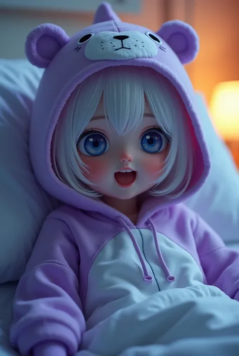  high definition ,  hospital bed ,White Hair、 girl、purple kigurumi pajamas 、 oversized pajamas, White eyeball, masterpiece,  best quality,  textured skin,accurate、night、big hood、Orange lighting 、 open your mouth, Canine
