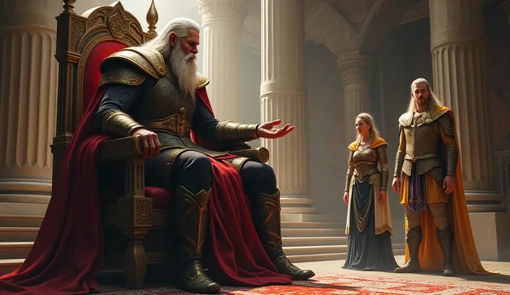  The Tempting Offer
"Odin, seated on his majestic throne, gestures grandly toward the giant, promising the sun, moon, and Freya. Loki stands slightly behind, a sly grin creeping onto his face, while Freya glares in disbelief."