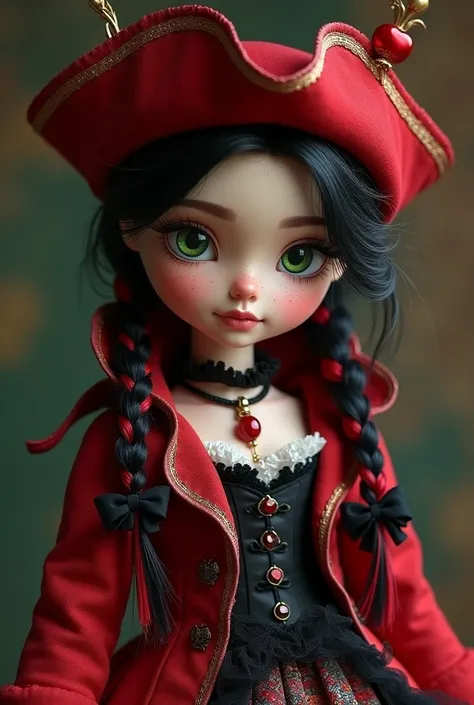 The daughter of the Queen of Hearts and Captain Hook. she is , rosy cheeks, with green eyes and black hair braided with red highlights a red captains coat and a red corsair hat, all worn out, also an elegant long-sleeved shirt like from the 19th century, b...