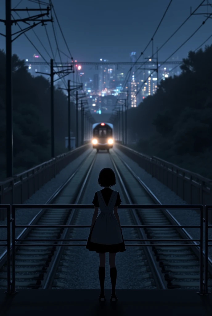 "A nighttime scene with two railway tracks running from the background to the foreground, passing beneath a pedestrian bridge that extends from the right to the left of the frame. On the left track, a train is approaching, its headlights illuminating the r...