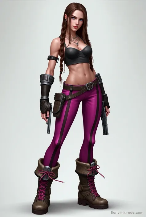 Arcane: League of Legends character style. She has two long, thin brown braids. She wears worn out, boots that have magenta lacing and metal pieces on them. She wears magenta pants with black stripes vertically. She has a black, cropped tanktop. And two gu...