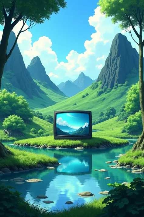 A anime background with high quality,add ponds,green green , little black mountains ,in middle of that a tv also ,and yeah make it for YouTube long video format 