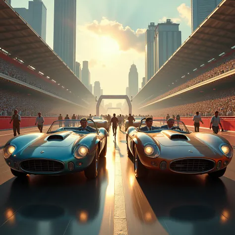  A symbolic racetrack ,  with businessmen in luxurious cars at the front and workers running on foot in the back, symbolizing the unequal struggle . 