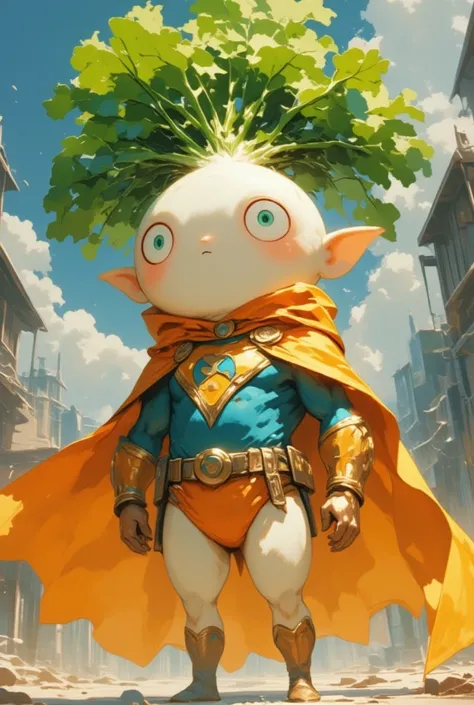 Fantasy art. A daikon in Super Hero costume with Fluttering Cape