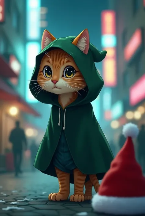 cat　Bipedal　Oblique angle　Wear a dark green hood　 anime style ズームレイヤー, The background is neon 　 blurry city background,Santas hat