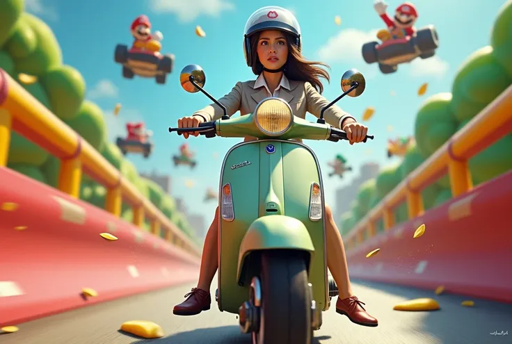 A cute woman (helmet, dressed for the office, scared, driving a Vespa moped) is scared for her life, she is driving on a rainbow bridge as Mario Kart plays out around her
