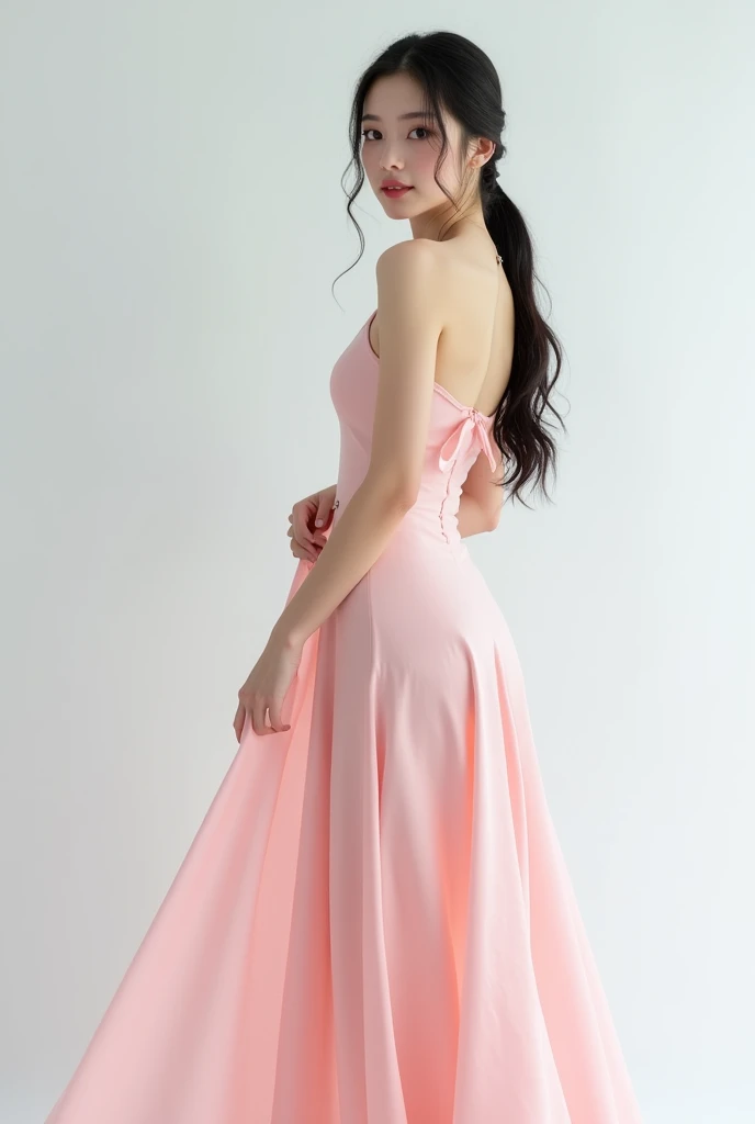 Soyon, Thai, Korean, white, pink, black eyes, pink dress, elegant long dress, black hair, long hair, tied in a ponytail, photographed in a white studio, standing
