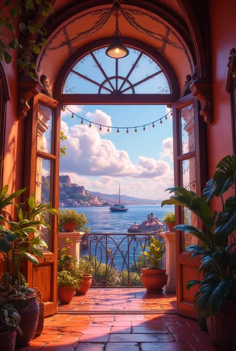 A painting of a balcony with a view of the ocean, by Evgeny Lushpin, by Terry Redlin, beautiful terrace, by Pamela Ascherson, ( ( thomas kinkade ) ), by Guido Borelli da Caluso, inspired by Evgeny Lushpin, kinkade. award winning, john stephens, by Ruth San...