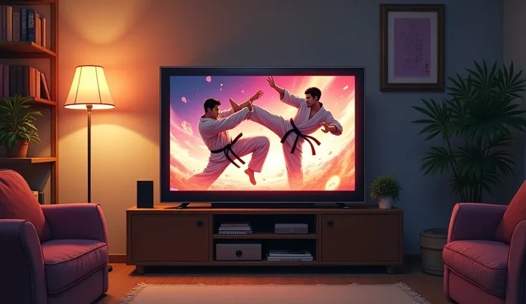 Anime, Television in a sitting room,  displaying a karate fighting movie  scene, no One else is in the frame, just the television 