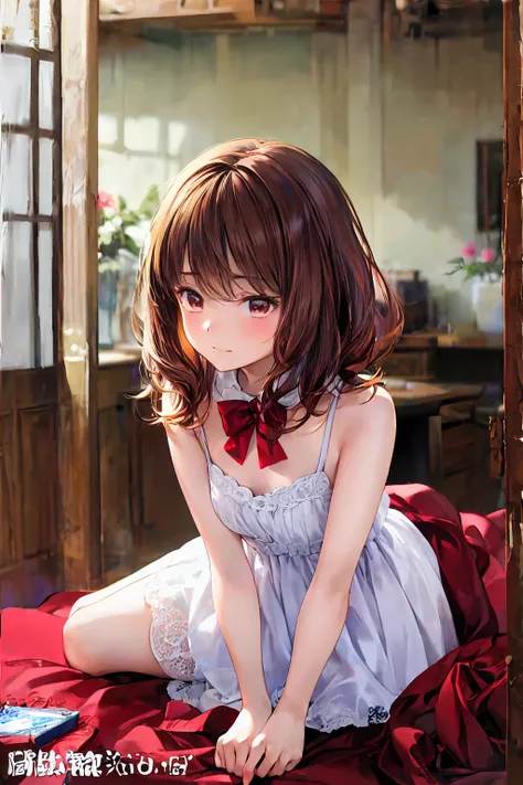 Late night bedroom、electric light、ベッドで仰向けに寝ている brown hairの美しい女の子、、the above、 dim room sitting in a wooden box、Amber lighting、 embarrassed face 、 Very detailed,  super A high resolution , razor dress 、( best qualityのイラスト:1.2), (cute girl:1.1), ( 1 girl, Alo...