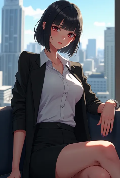 Generate a image of bossy woman anime character with white shirt ,black suit and black formal bottom with cristen loubtin heels sitting in style ,lob haircut ,stylish watch ,fucking beautiful ,confident with tokyo background 