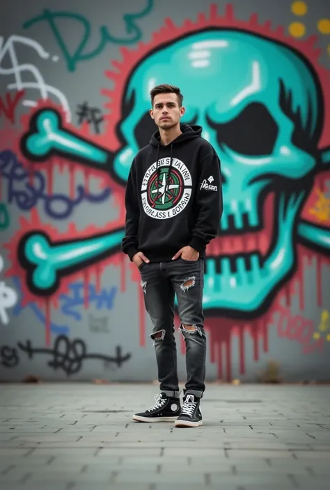 Full-length photo of a 28-year-old man standing in front of a graffiti-covered wall.

The man has tanned skin with short dark brown side-parted hair and ((face tilted to the side with a serious expression)), his hands tucked into the pockets of his hoodie....