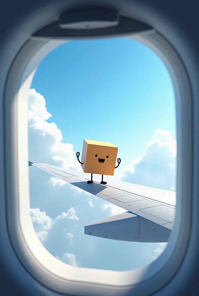 A surreal and humorous scene viewed through an airplane window, showing a cute cube standing on the wing of a flying airplane. The cute cube is positioned confidently as if balancing effortlessly, with a backdrop of a bright blue sky filled with fluffy whi...