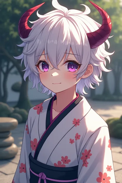 A portrait anime style picture of a white curly fluffy haired  boy with  and purple eyes. His eyelashes are long and his skin is fair, and he is wearing a Japanese kimono. He has four ox blood coloured horns. The background is a Japanese stone garden. 