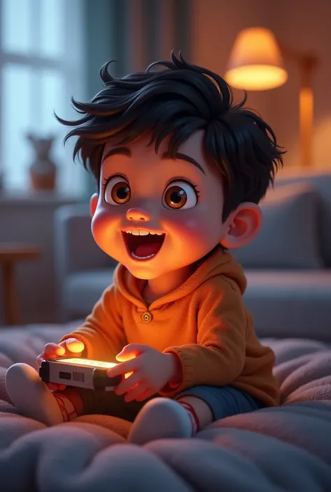 A small boy is laughing and playing video game