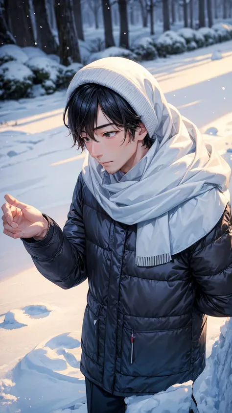 A 29-year-old man、In the snow、Looking at an angle。