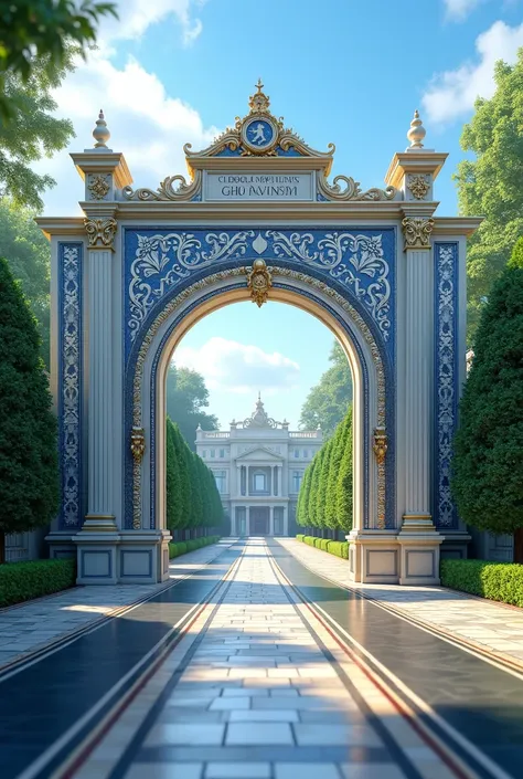 
Create a school gate made of Porcelain tiles, with a school nameplate, and 2 paths for cars and motorbikes